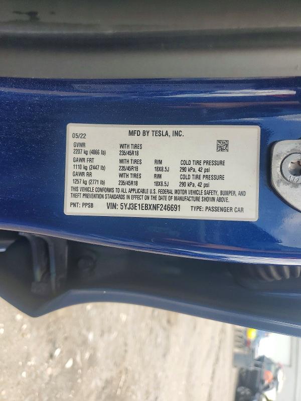 62334406 :رقم المزاد ، 5YJ3E1EBXNF246691 vin ، 2022 Tesla Model 3 مزاد بيع