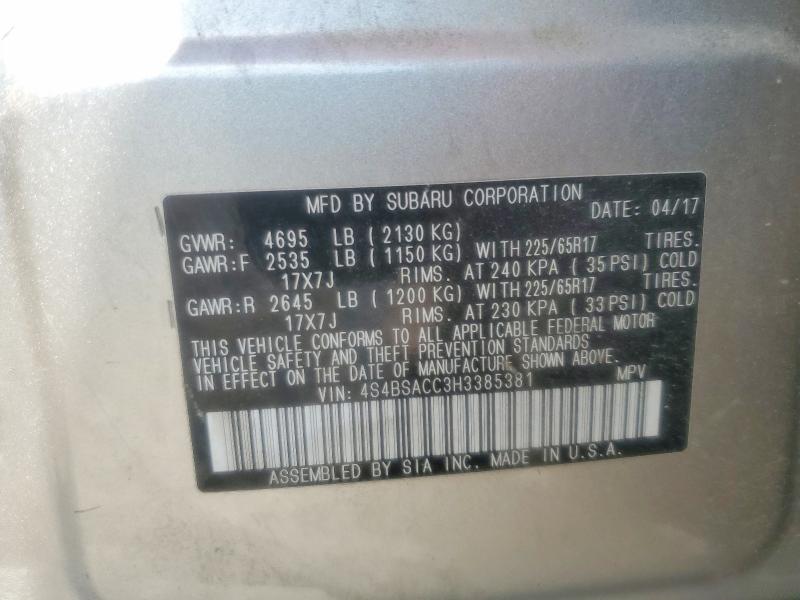 61058296 :رقم المزاد ، 4S4BSACC3H3385381 vin ، 2017 Subaru Outback مزاد بيع