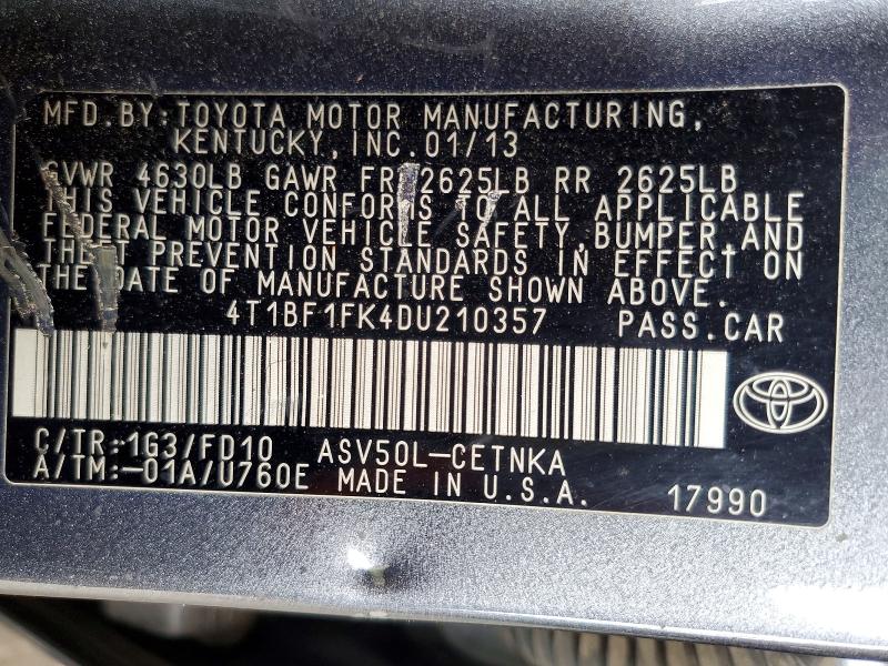 Aukcja sprzedaży 2013 Toyota Camry, vin: 4T1BF1FK4DU210357, numer aukcji: 61958526