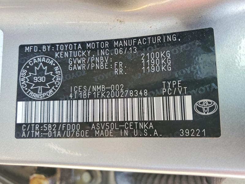 2013 Toyota Camry მანქანა იყიდება აუქციონზე, vin: 4T1BF1FK2DU278348, აუქციონის ნომერი: 60034676