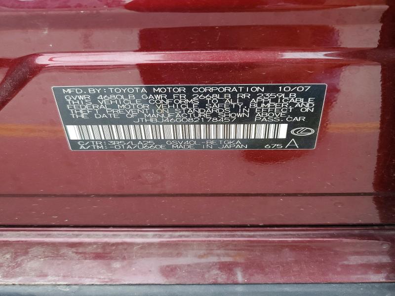 Aukcja sprzedaży 2008 Lexus Es, vin: JTHBJ46G082178457, numer aukcji: 61111366