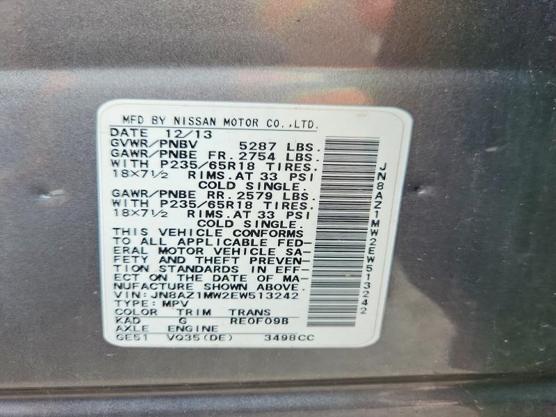 60077766 :رقم المزاد ، JN8AZ1MW2EW513242 vin ، 2014 Nissan Murano مزاد بيع