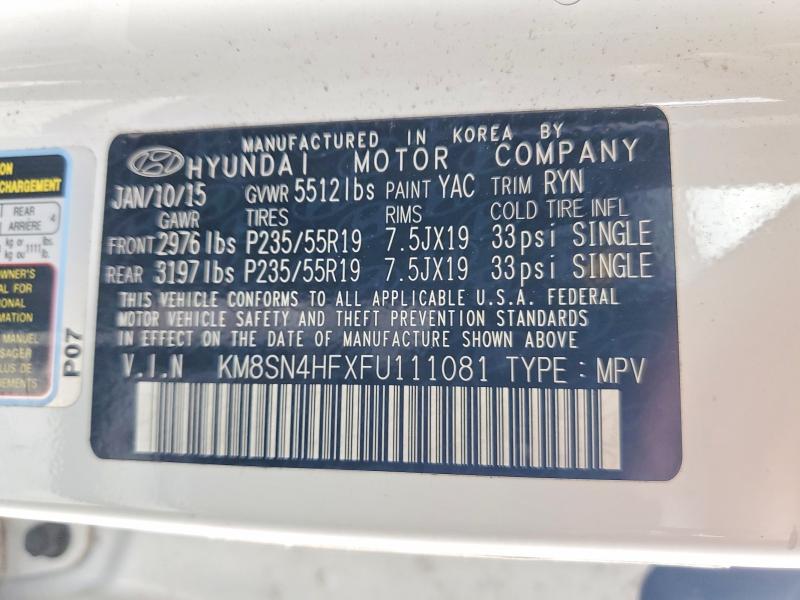 Aukcja sprzedaży 2015 Hyundai Santa Fe, vin: KM8SN4HFXFU111081, numer aukcji: 60949096