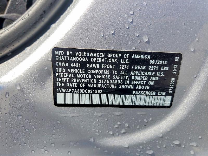 62508186 :رقم المزاد ، 1VWAP7A33DC031892 vin ، 2013 Volkswagen Passat مزاد بيع