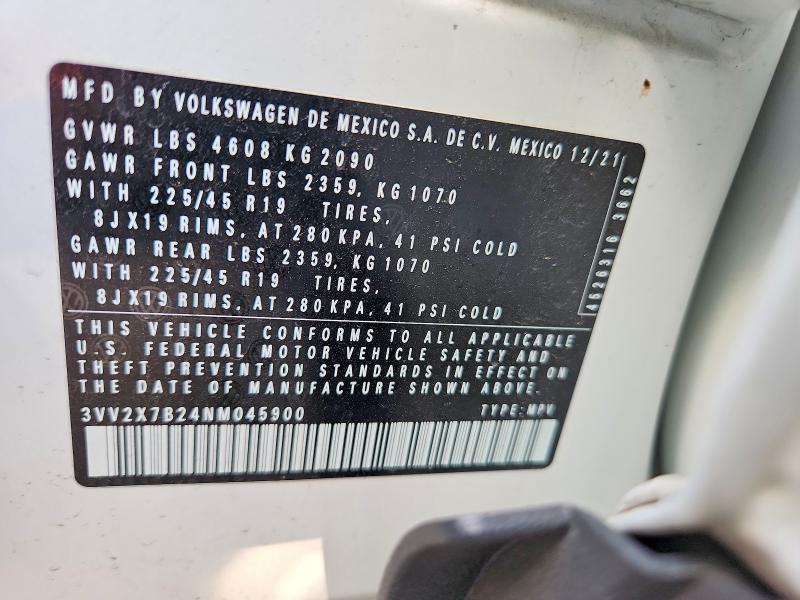 2022 Volkswagen Taos მანქანა იყიდება აუქციონზე, vin: 3VV2X7B24NM045900, აუქციონის ნომერი: 60010226