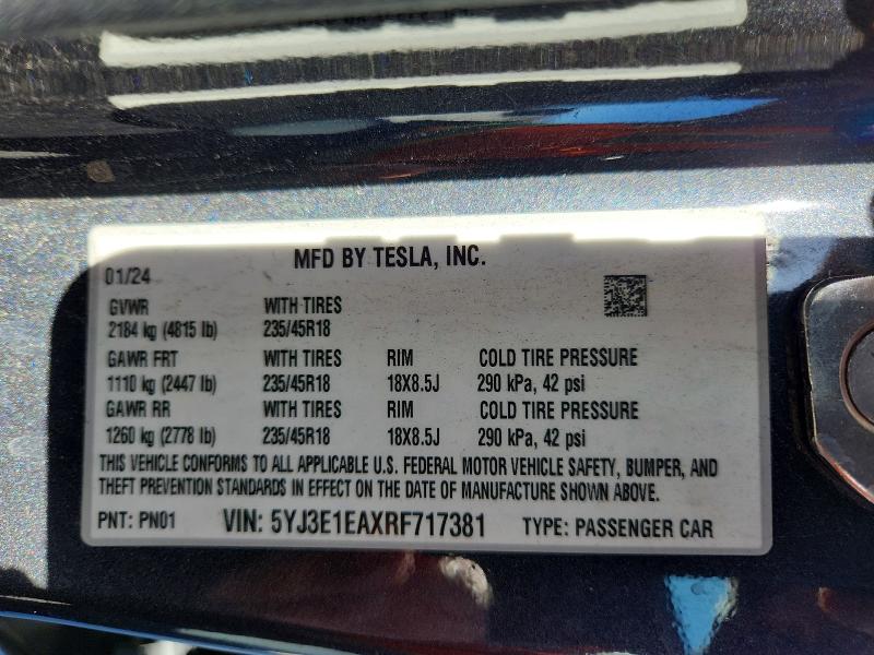 Aukcja sprzedaży 2024 Tesla Model 3, vin: 5YJ3E1EAXRF717381, numer aukcji: 60080626