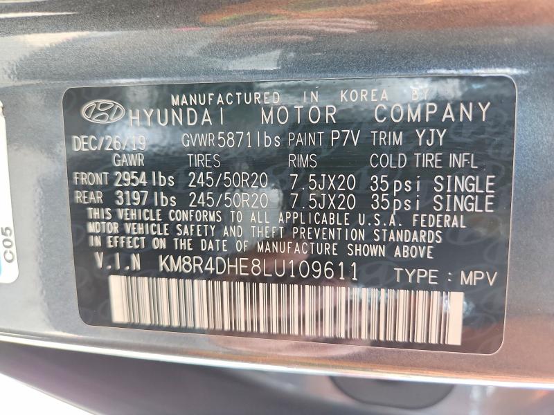 62107006 :رقم المزاد ، KM8R4DHE8LU109611 vin ، 2020 Hyundai Palisade مزاد بيع