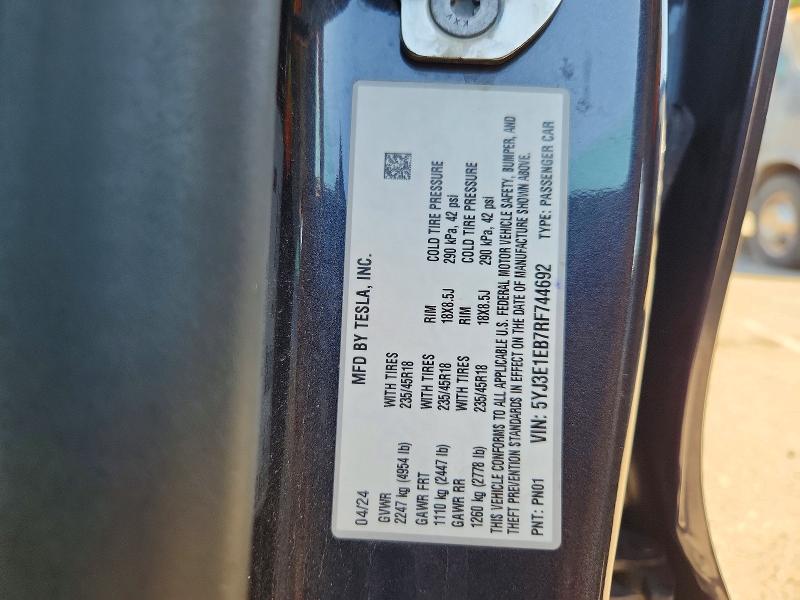 Aukcja sprzedaży 2024 Tesla Model 3, vin: 5YJ3E1EB7RF744692, numer aukcji: 62670006