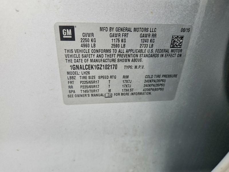 2016 Chevrolet Equinox მანქანა იყიდება აუქციონზე, vin: 1GNALCEK1GZ102170, აუქციონის ნომერი: 62801006
