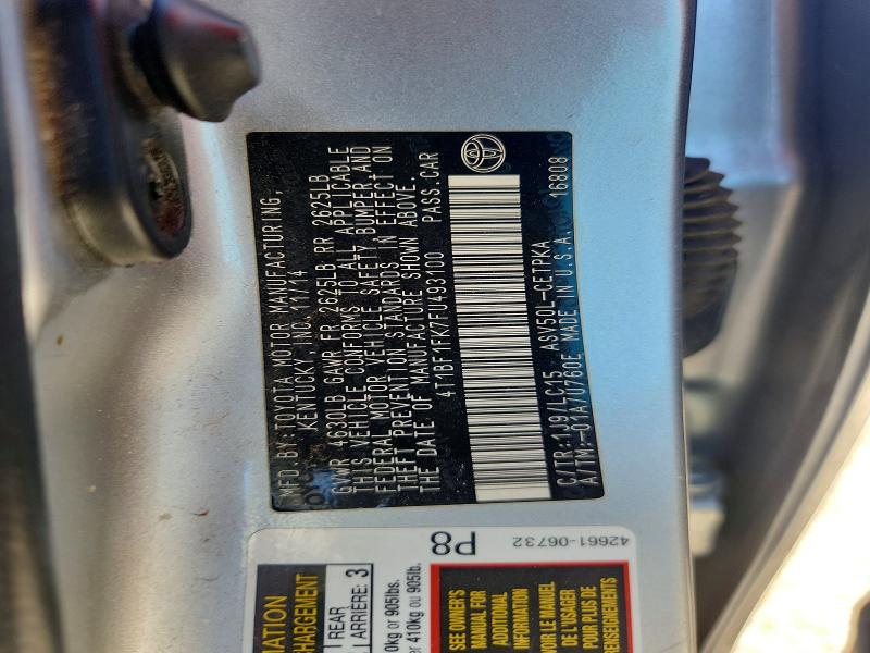 2015 Toyota Camry მანქანა იყიდება აუქციონზე, vin: 4T1BF1FK7FU493100, აუქციონის ნომერი: 62461086