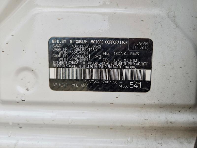 59606646 :رقم المزاد ، JA4AZ3A31KZ007150 vin ، 2019 Mitsubishi Outlander مزاد بيع