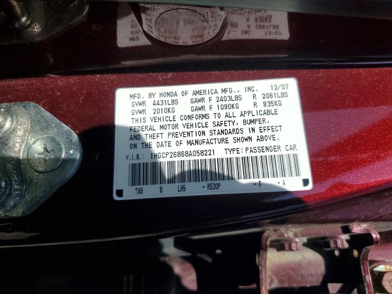 2008 Honda Accord მანქანა იყიდება აუქციონზე, vin: 1HGCP26868A058221, აუქციონის ნომერი: 59578796