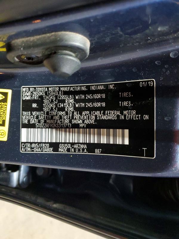 Aukcja sprzedaży 2019 Toyota Highlander, vin: 5TDZZRFH2KS313713, numer aukcji: 60127036