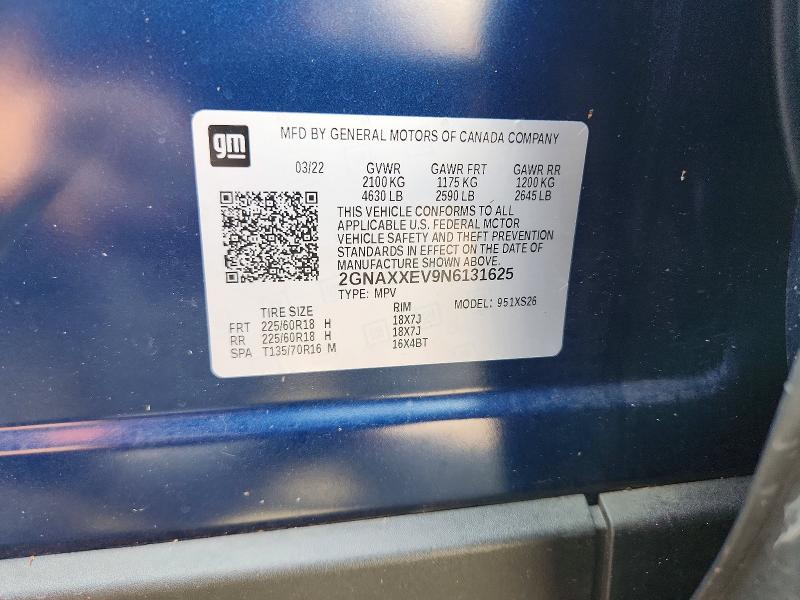 61316606 :رقم المزاد ، 2GNAXXEV9N6131625 vin ، 2022 Chevrolet Equinox مزاد بيع