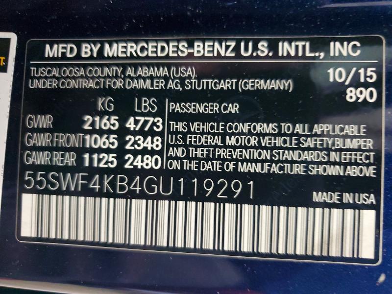 59696616 :رقم المزاد ، 55SWF4KB4GU119291 vin ، 2016 Mercedes-benz C مزاد بيع