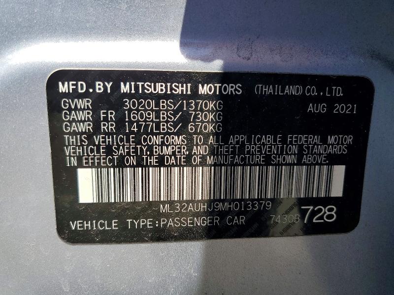 2021 Mitsubishi Mirage მანქანა იყიდება აუქციონზე, vin: ML32AUHJ9MH013379, აუქციონის ნომერი: 61999806
