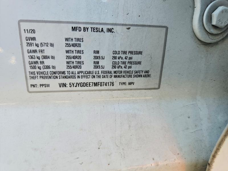 2021 Tesla Model Y მანქანა იყიდება აუქციონზე, vin: 5YJYGDEE7MF074176, აუქციონის ნომერი: 63508966