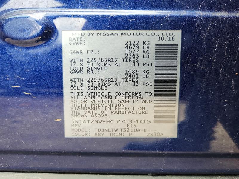2017 Nissan Rogue მანქანა იყიდება აუქციონზე, vin: 5N1AT2MV9HC743405, აუქციონის ნომერი: 62060796