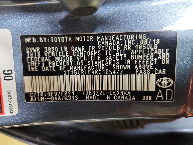 59371936 :رقم المزاد ، 2T1BURHE4KC165477 vin ، 2019 Toyota Corolla مزاد بيع