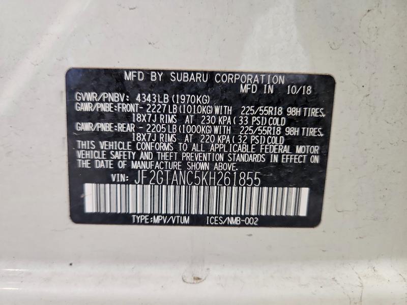 Aukcja sprzedaży 2019 Subaru Crosstrek, vin: JF2GTANC5KH261855, numer aukcji: 59274126