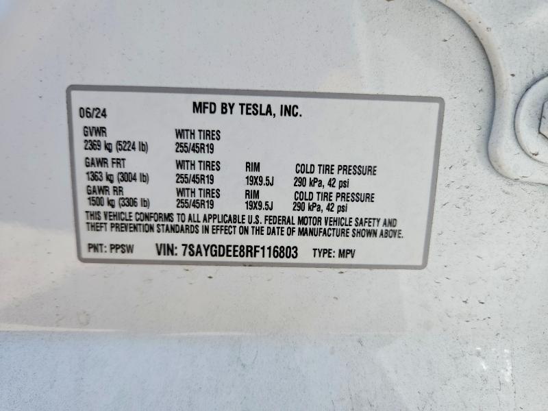 Aukcja sprzedaży 2024 Tesla Model Y, vin: 7SAYGDEE8RF116803, numer aukcji: 61728716