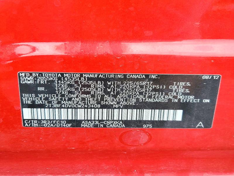 60045656 :رقم المزاد ، 2T3BF4DV0CW243408 vin ، 2012 Toyota Rav4 مزاد بيع