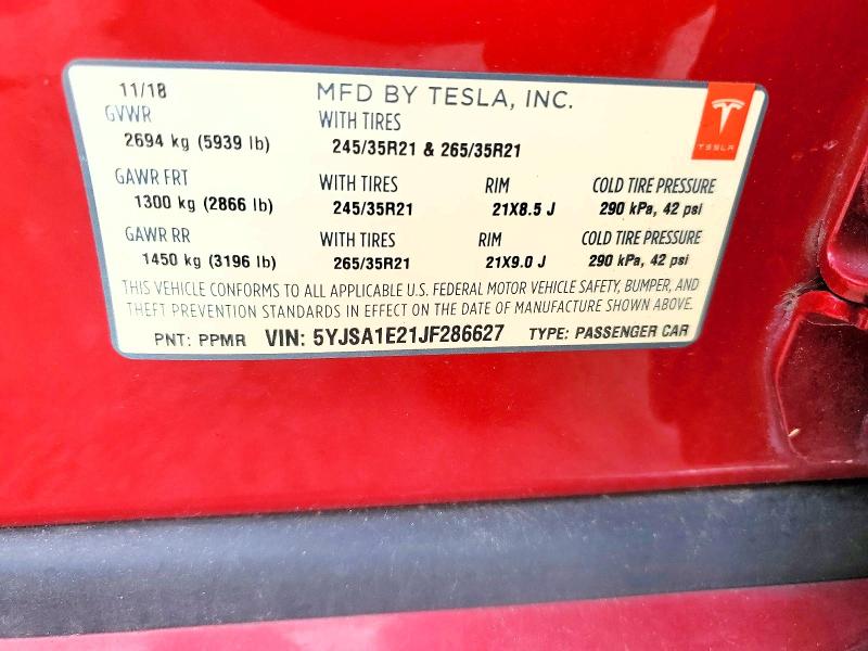 63240856 :رقم المزاد ، 5YJSA1E21JF286627 vin ، 2018 Tesla Model S مزاد بيع