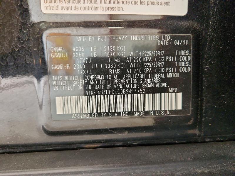 61995776 :رقم المزاد ، 4S4BRDKC0B2414752 vin ، 2011 Subaru Outback مزاد بيع