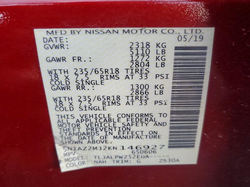 2019 Nissan Murano მანქანა იყიდება აუქციონზე, vin: 5N1AZ2MJ2KN146927, აუქციონის ნომერი: 60949216