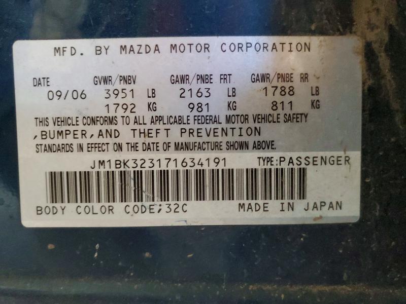 Aukcja sprzedaży 2007 Mazda 3, vin: JM1BK323171634191, numer aukcji: 62109436