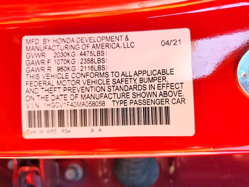 2021 Honda Accord მანქანა იყიდება აუქციონზე, vin: 1HGCV1F40MA058058, აუქციონის ნომერი: 62341226