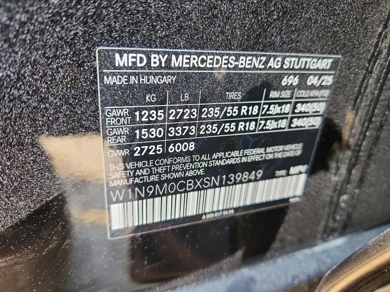 2025 Mercedes-benz Eqb მანქანა იყიდება აუქციონზე, vin: W1N9M0CBXSN139849, აუქციონის ნომერი: 60145486