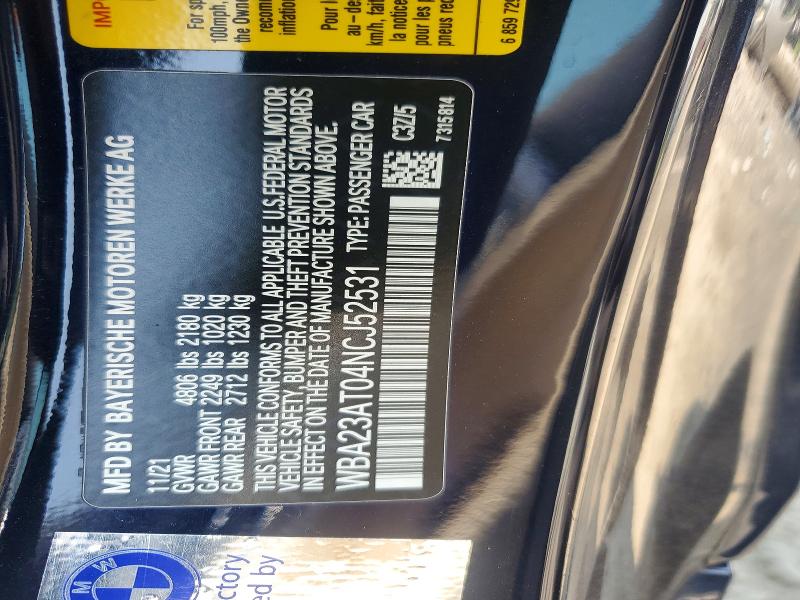 61208016 :رقم المزاد ، WBA23AT04NCJ52531 vin ، 2022 Bmw 430i مزاد بيع