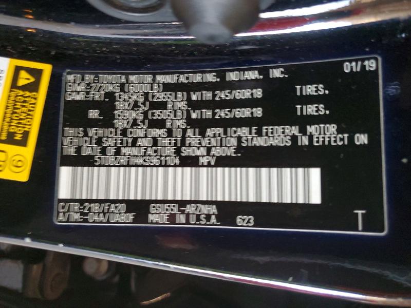 Продаж на аукціоні авто 2019 Toyota Highlander, vin: 5TDBZRFH4KS961104, номер лоту: 59720476