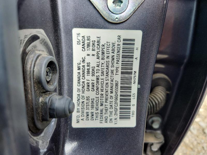 Продажа на аукционе авто 2016 Honda Civic, vin: 2HGFC2F66GH550867, номер лота: 61289746