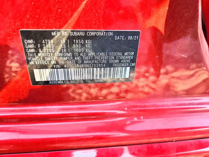 61793176 :رقم المزاد ، 4S3GTAJ62N1702854 vin ، 2022 Subaru Impreza مزاد بيع