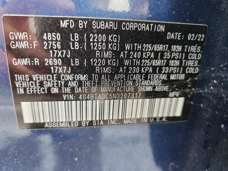 62928726 :رقم المزاد ، 4S4BTADC5N3207317 vin ، 2022 Subaru Outback مزاد بيع