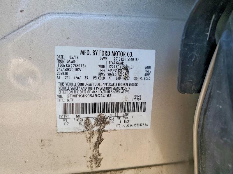 85454385 :رقم المزاد ، 2FMPK4K95JBC24162 vin ، 2018 Ford Edge مزاد بيع