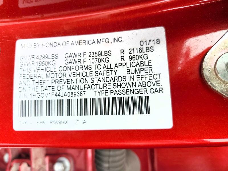 2018 Honda Accord მანქანა იყიდება აუქციონზე, vin: 1HGCV1F44JA089387, აუქციონის ნომერი: 59104026