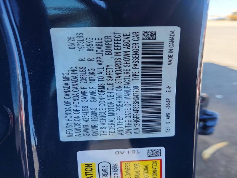 2025 Honda Civic მანქანა იყიდება აუქციონზე, vin: 2HGFE4F83SH347709, აუქციონის ნომერი: 63034496