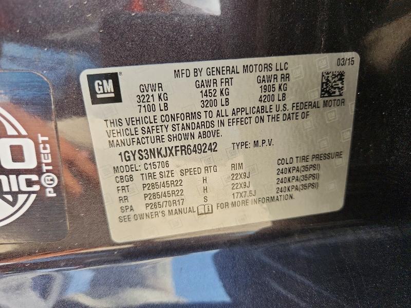 2015 Cadillac Escalade მანქანა იყიდება აუქციონზე, vin: 1GYS3NKJXFR649242, აუქციონის ნომერი: 61545186