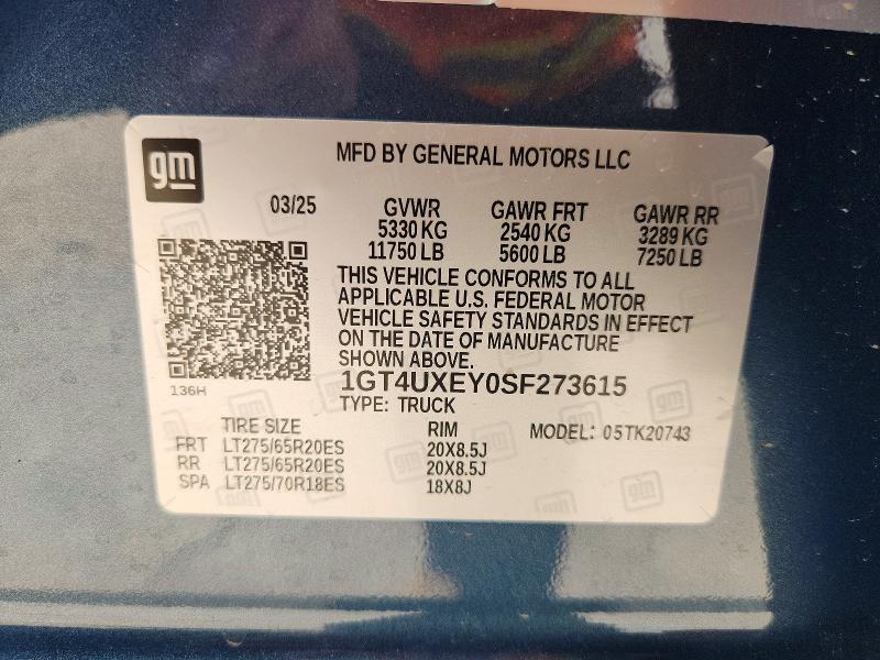 2025 Gmc Sierra მანქანა იყიდება აუქციონზე, vin: 1GT4UXEY0SF273615, აუქციონის ნომერი: 61488586