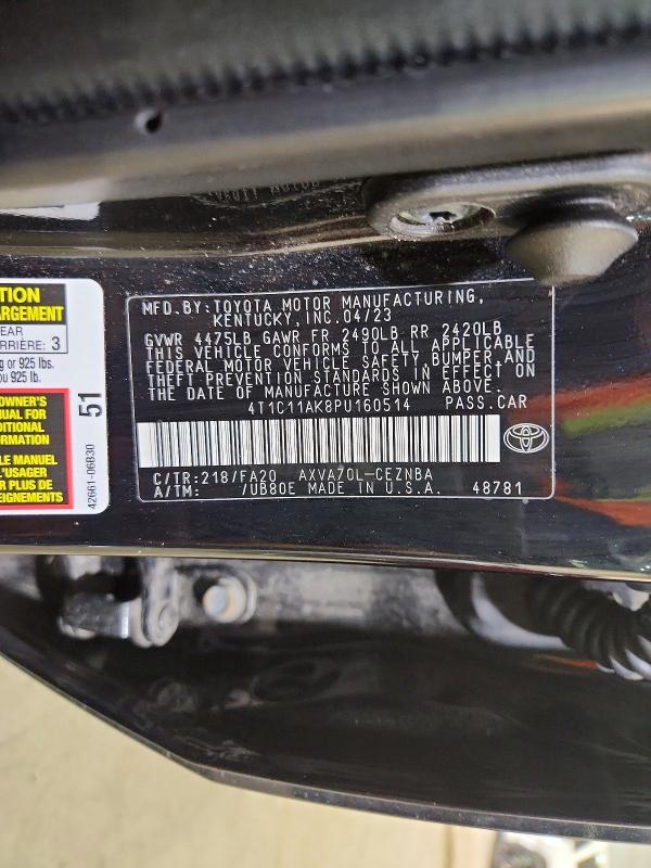 61622876 :رقم المزاد ، 4T1C11AK8PU160514 vin ، 2023 Toyota Camry مزاد بيع