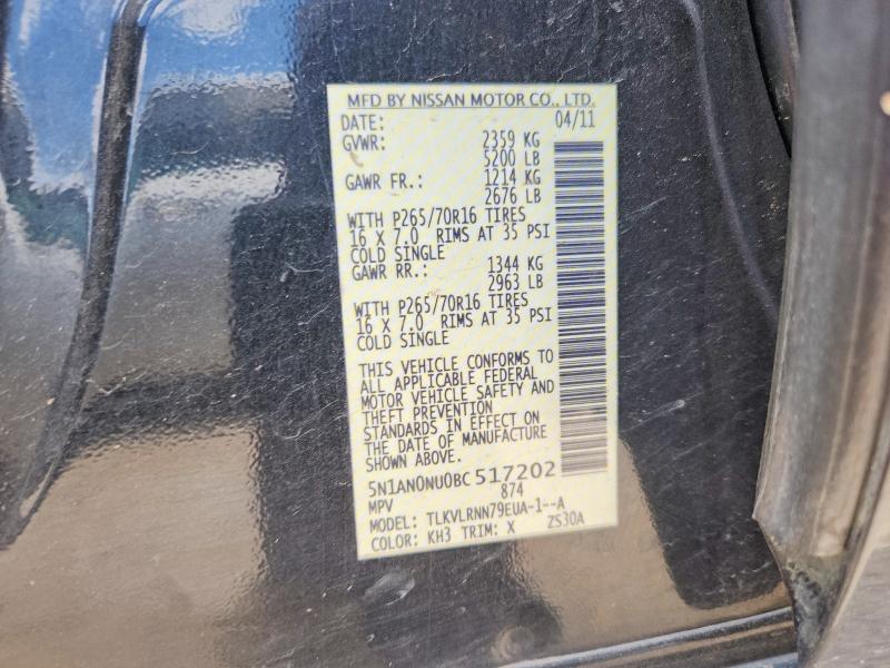 2011 Nissan Xterra მანქანა იყიდება აუქციონზე, vin: 5N1AN0NU0BC517202, აუქციონის ნომერი: 59828886