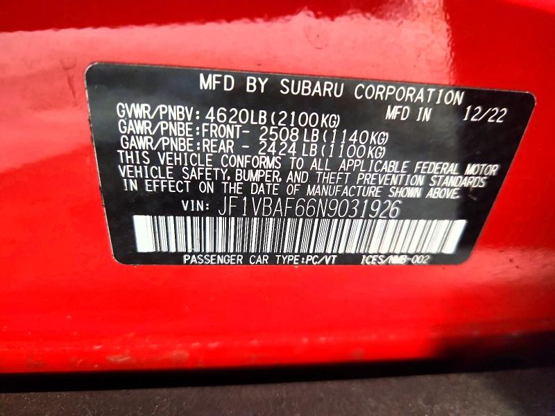 Продаж на аукціоні авто 2022 Subaru Wrx, vin: JF1VBAF66N9031926, номер лоту: 60993826