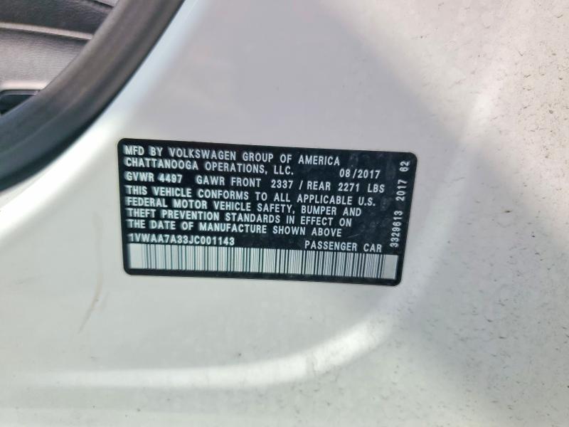 2018 Volkswagen Passat მანქანა იყიდება აუქციონზე, vin: 1VWAA7A33JC001143, აუქციონის ნომერი: 57880256