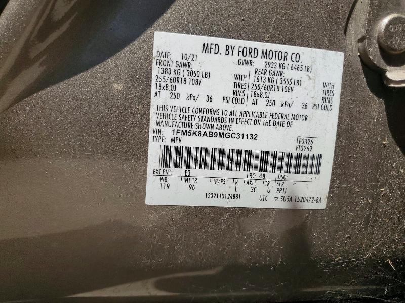 2021 Ford Explorer მანქანა იყიდება აუქციონზე, vin: 1FM5K8AB9MGC31132, აუქციონის ნომერი: 59299996