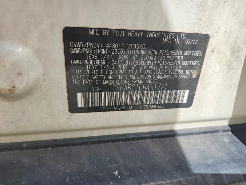 Aukcja sprzedaży 2012 Subaru Forester, vin: JF2SHABC1CH451721, numer aukcji: 60922666