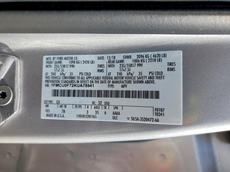 Aukcja sprzedaży 2019 Ford Escape, vin: 1FMCU0F72KUA78941, numer aukcji: 60056456