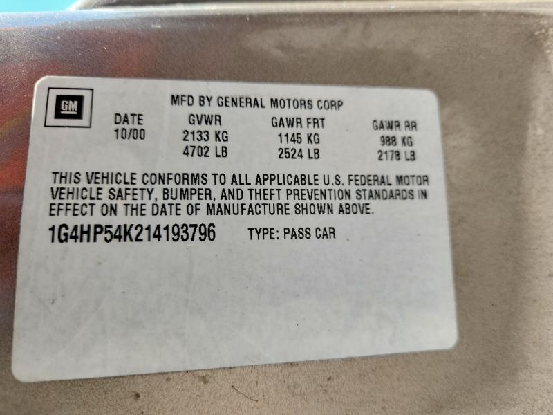 2001 Buick Lesabre მანქანა იყიდება აუქციონზე, vin: 1G4HP54K214193796, აუქციონის ნომერი: 61242316